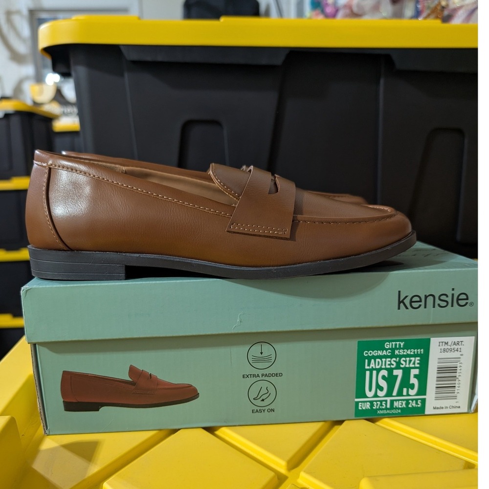 New Kensie Gitty Cognac Brown Penny Loafers Womens 7.5 Padded Slip On Shoes